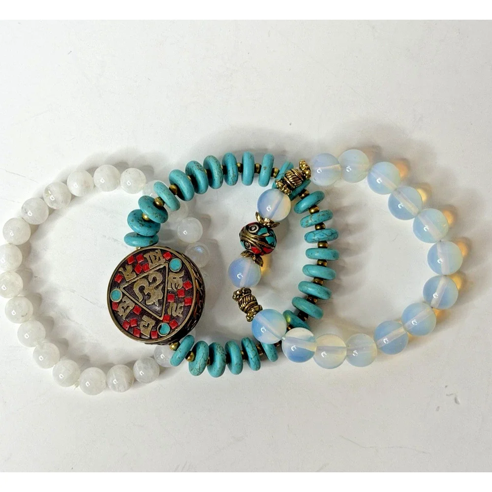 Nepalese Tibetan-Style Buddhist Om Pendant Turquoise Opalite Beaded Bracelet Set